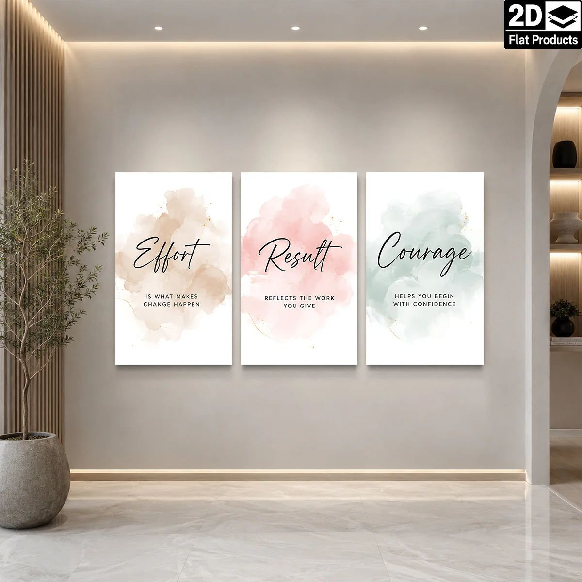 2D Flat 3PCS - Three posters with Effort Result Courage and watercolor blots on white background Themed Canvas Wall Art, Wate