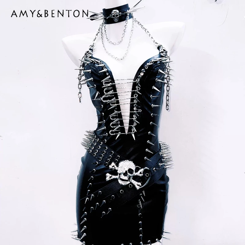 

Original Punk Metal Rivet Pin Halter Women's Dress Autumn Winter New Sweet Cool Sexy Style Strap Chain Hot Girl Dresses Ladies