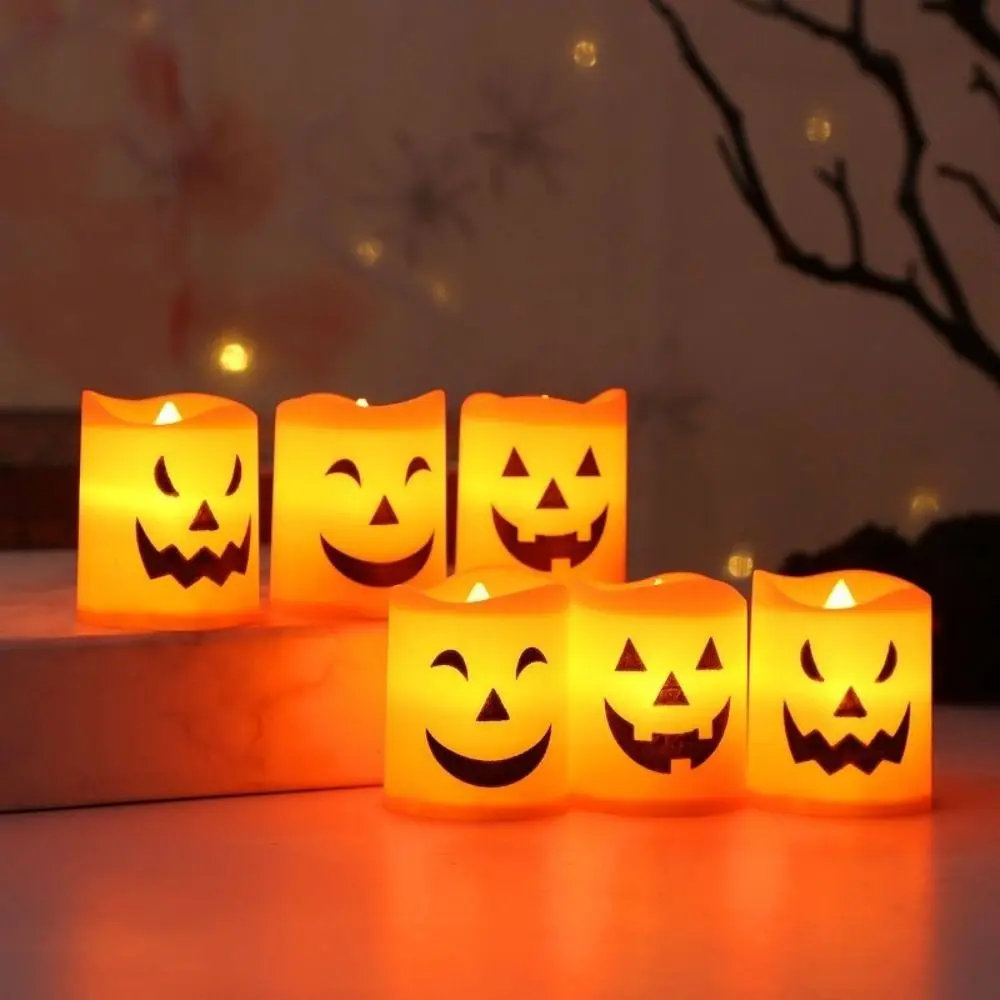 

6Pcs Fashion LED Electronic Candle Light Atmosphere Ornament Pumpkin Smiley Face Lamp Party Decoration Glowing Toy for Halloween