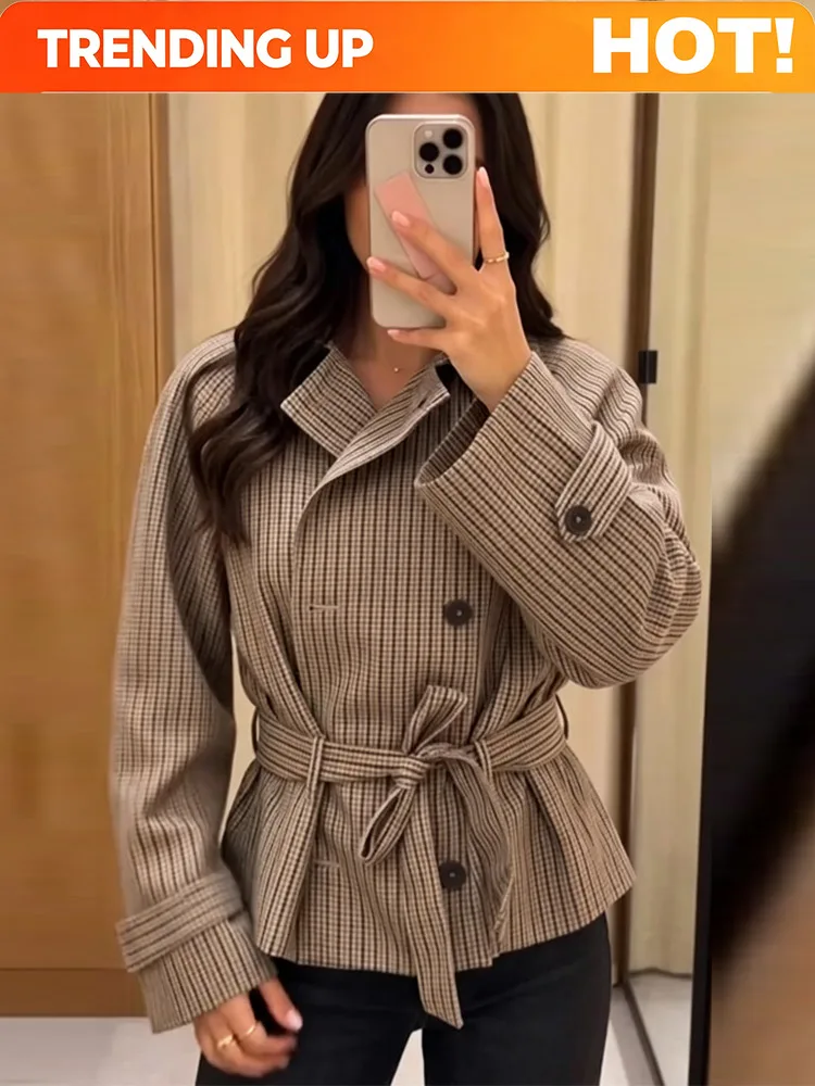 Customization Women Plaid Cropped Trench Coat Lapel Collar Double‑Breasted Belted Waist Long Sleeve Check Windbreaker Casual Out