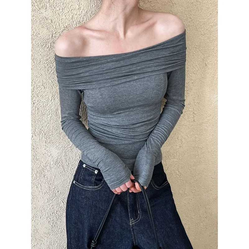 

Design Sense One-word Shoulder Long-sleeved T-shirt Women's New Off-the-shoulder Sexy Slim-fit Bottoming Shirt