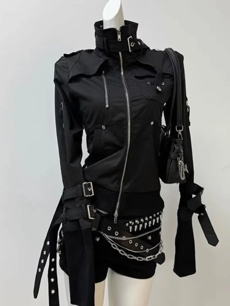 Goth Style Hip Hop Hoodies Punk Retro Moto Biker Coat Outwear Vintage Y2k Jacket Stand Collar Casual Black Outwear 2025 Spring