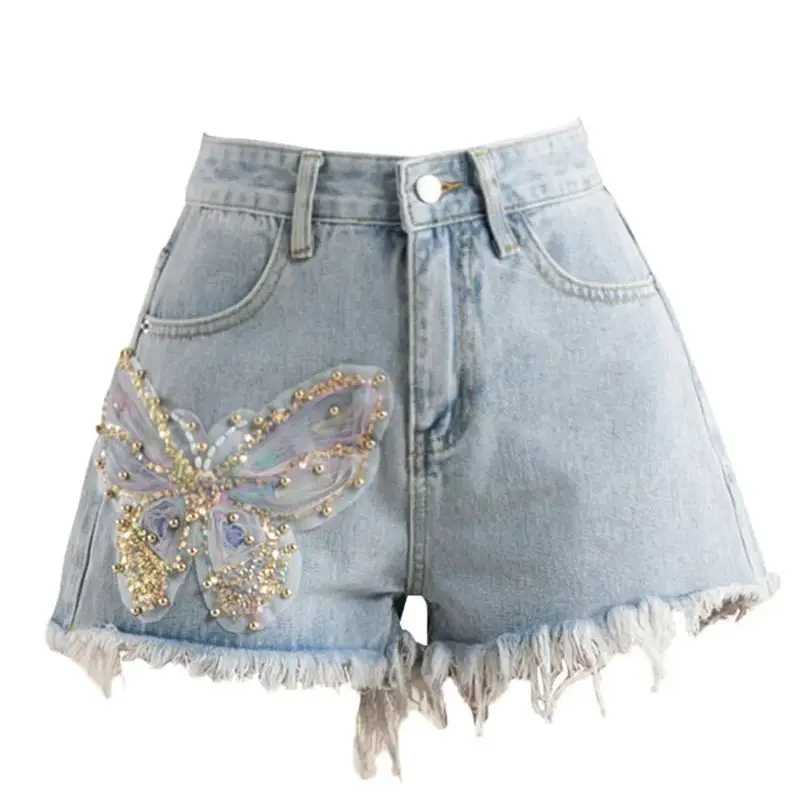 Women's Blue Butterfly Casual Denim Shorts Y2K Harajuku High Street 2000S Style Aesthetic Fashion Retro Jeans Shorts Clothing