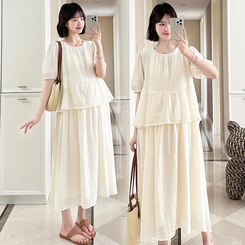 

2025 Summer Maternity Dress - Elegant Fake Two-Piece Tencel Maxi Dress for Pregnant Women, Loose & Stylish Designer Look