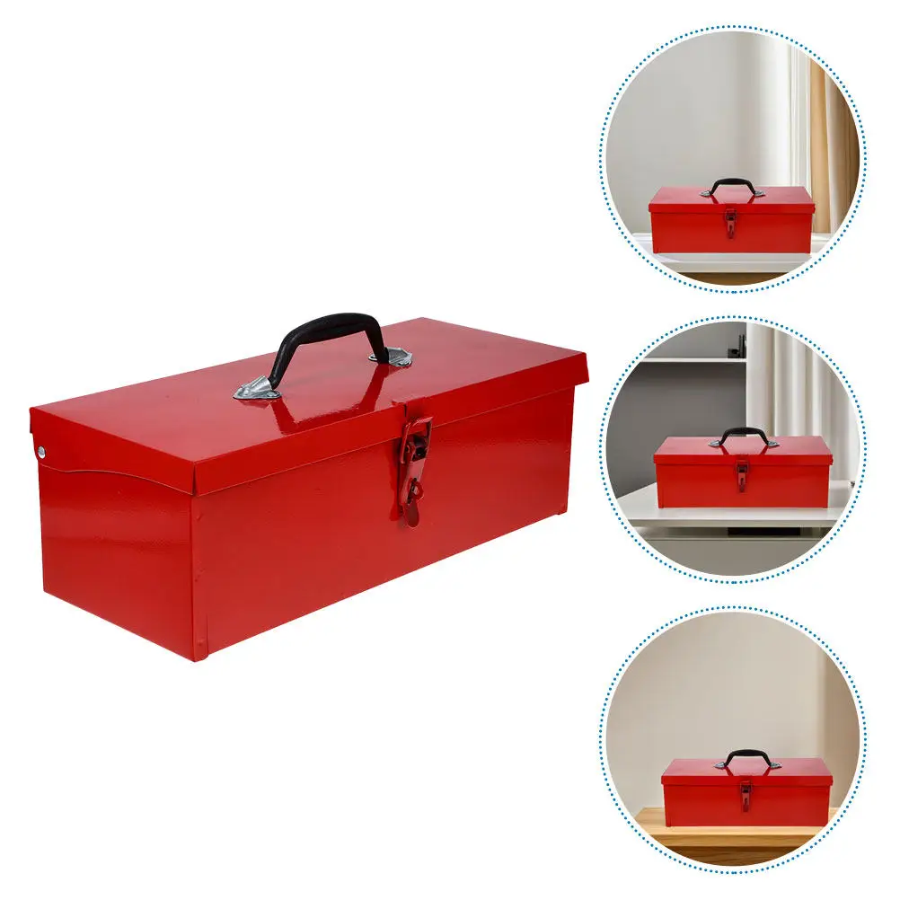 

Thickened Iron Toolbox Red Heavy Duty Single Layer Metal Tool Box for Home Garage Rv Truck Trailer Portable Tool Storage