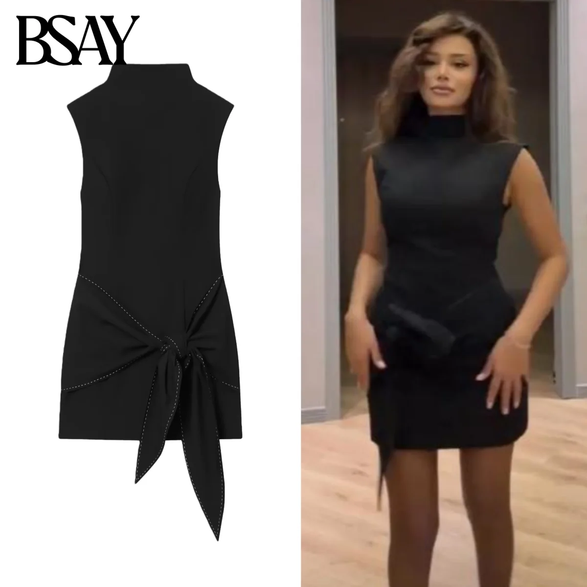 BSAY Kurzes Kleid mit Schleife für Damen, modisch, Herbst und Winter, Nähte, Reißverschluss hinten, Weste, Kleider, französische schicke weibliche Abendkleidung