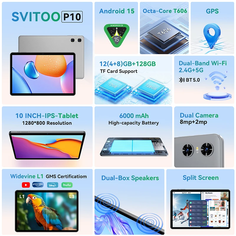 SVITOO 10.1 inch Tablet Android 15 T606 8-core 12GB(4GB+8GB)RAM/128GB ROM 1280×800iPS WIFI 6000mAh Type-C Face Unlock Tablets