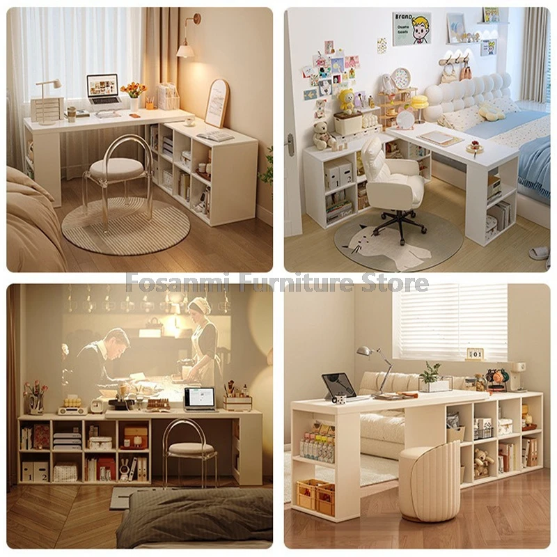 مكتب أبيض متعدد الوظائف قابل للتعديل مع خزانة تخزين، طاولة حديثة قابلة للتمديد لغرفة النوم وغرفة المكتب ومكاتب زاوية بسيطة #6