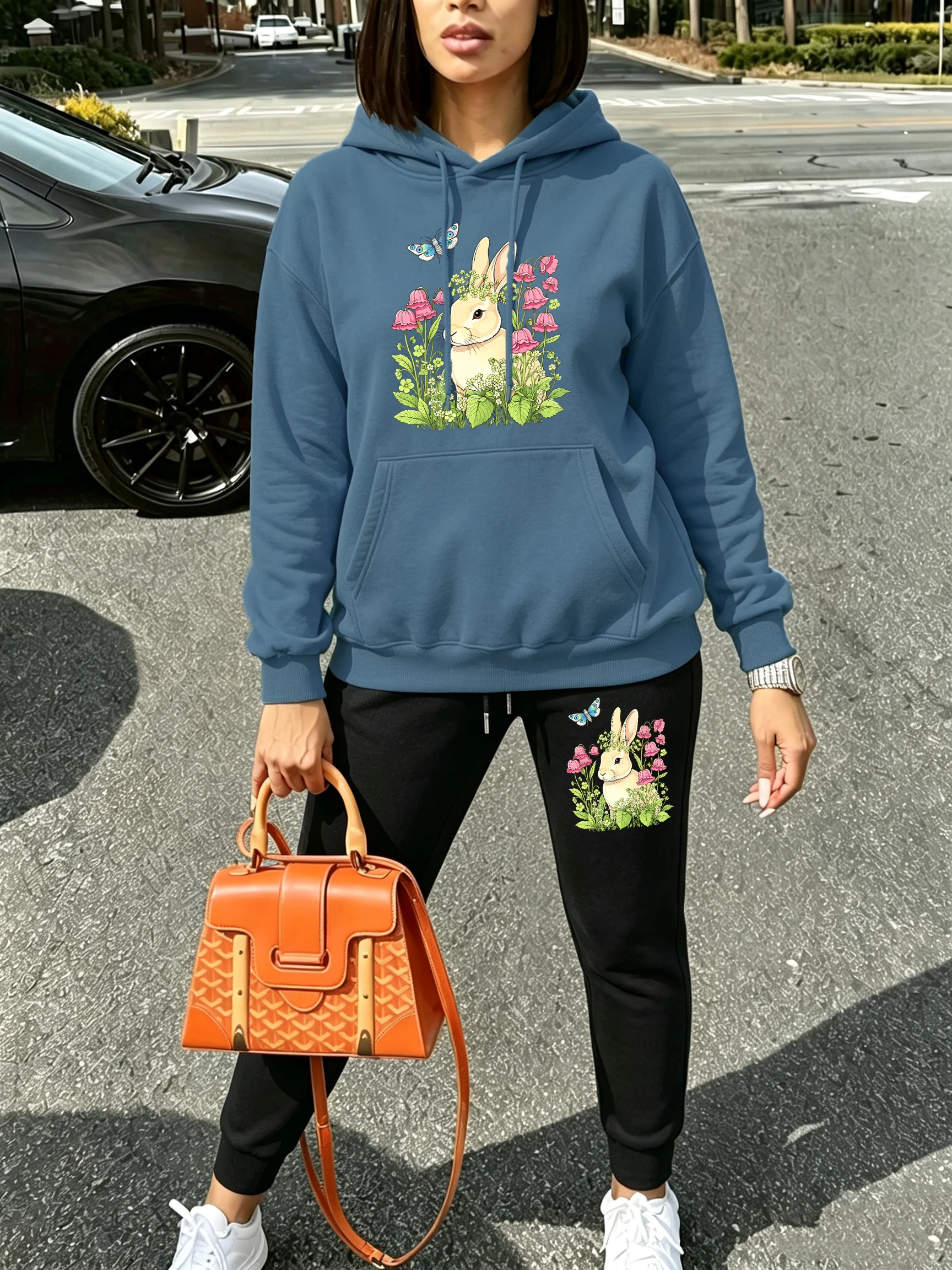 Cute Rabbit Butterfly Foliage Flower Print Y2K Women Hoodie Set Loose Autumn Pullover Casual Sportswear Pocket Fleece Sweatpants view 2