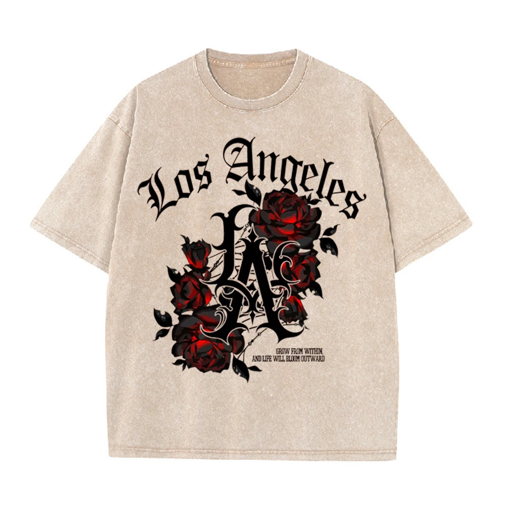 2026 Vintage Washed Khaki Los Angeles Gothic Rose Graphic T Shirt LA Letter Retro Punk Oversized Streetwear Short Sleeve Tee