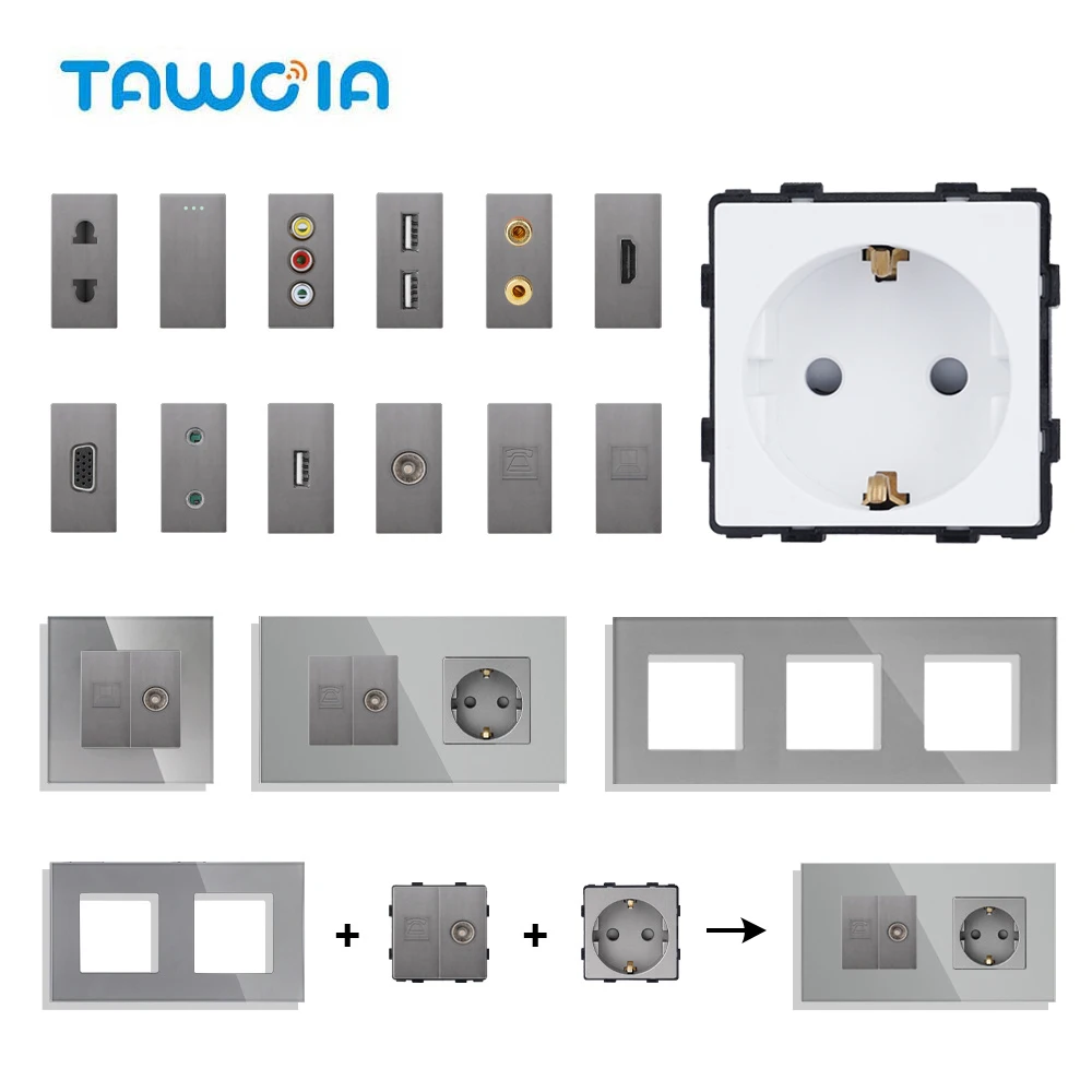 TAWOIA Gray DIY TV Satellite USB Phone Charge Type-C Socket PC RJ45 Jack CAT6 TEL HDMI VGA Earphone 2pin Socket 1Gang Switch