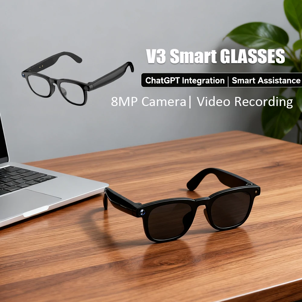 

Очки V3 AI с ChatGPT Voice Wake 8MP Запись видео Bluetooth Вызовы Воспроизведение музыки Умные солнцезащитные очки