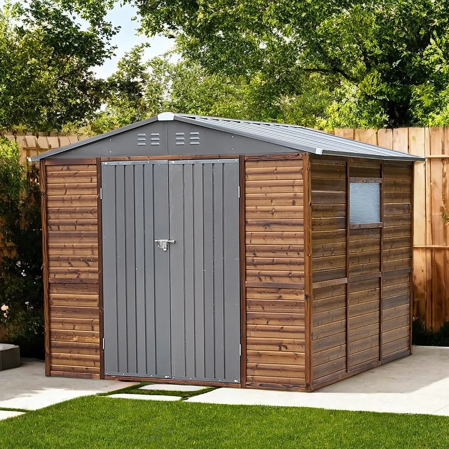 8x8 FT Outdoor Wood & Metal Storage Shed Waterproof with Windows & 4 Vents Tool Shed for Backyard Patio Garden, Customized