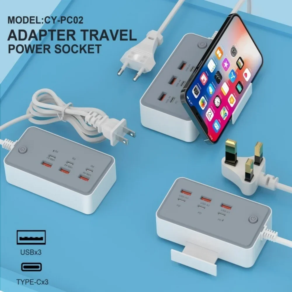 US/EU/UK plug 35w USB Power Strip Charger 2 in 1 Multifunctional Desktop with 3 USB 3 Type C Ports 35w Fast Charging Smart Chip