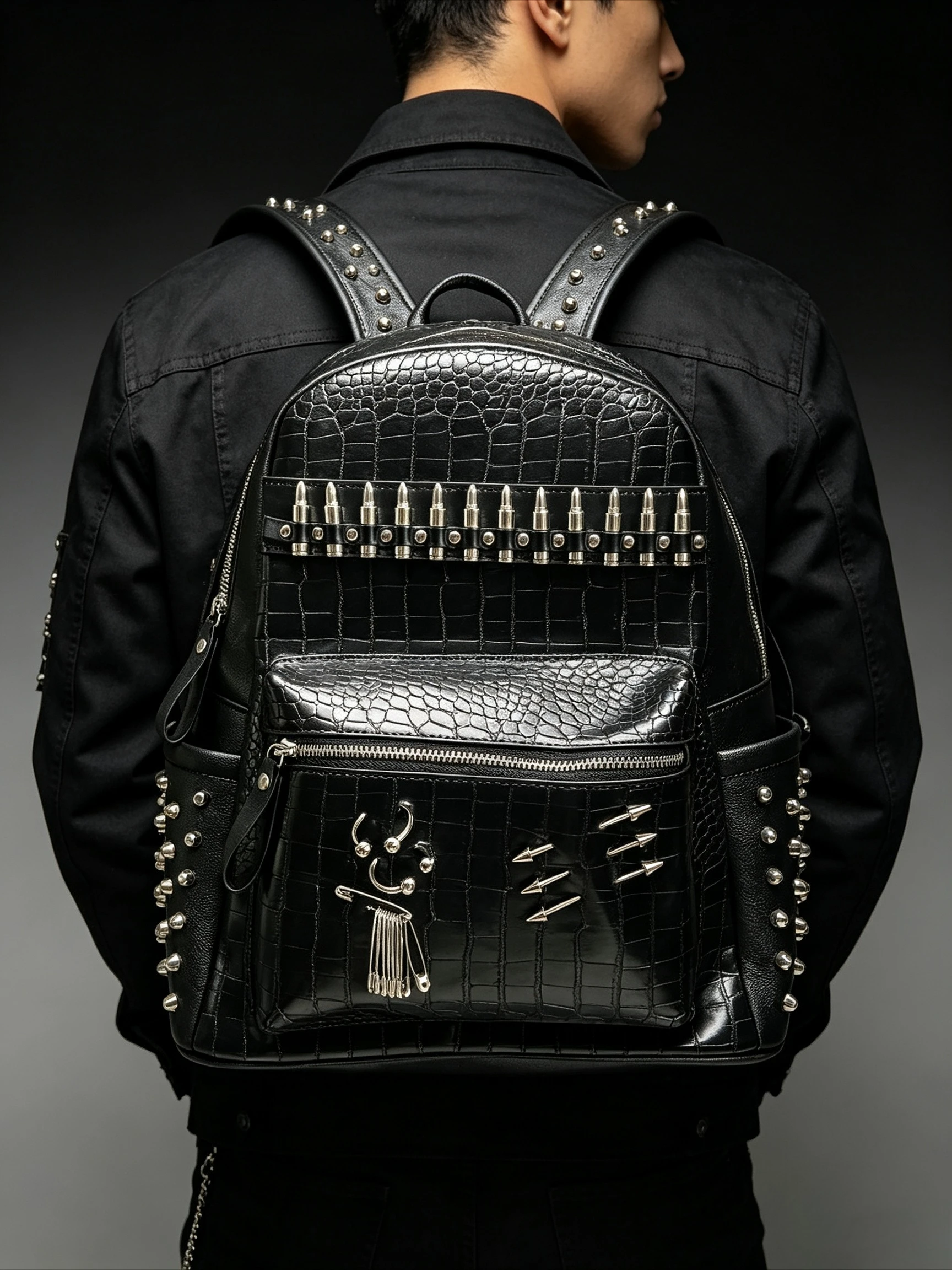 Men and Women Crocodile Textured Black Personality Rock Student Schoolbag Original Designed Punk Rivet Bullet Backpack