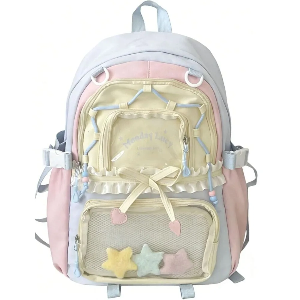 Stylish Clear Pockets Ita Backpack with Bows Ruffles Big Ruffles Itabag Large Capacity Pin Display Backpack Back To School