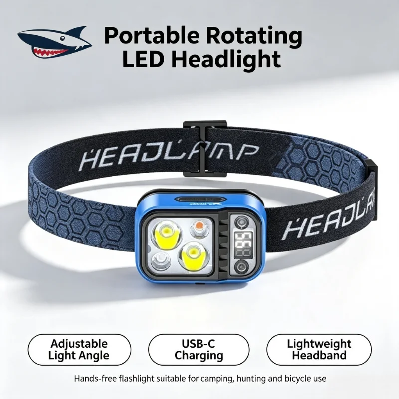 SMILING SHARK Outdoor Headlamp Type-C Rechargeable Rotating LED Headlight Portable Hands-Free Head Torch TD-0198