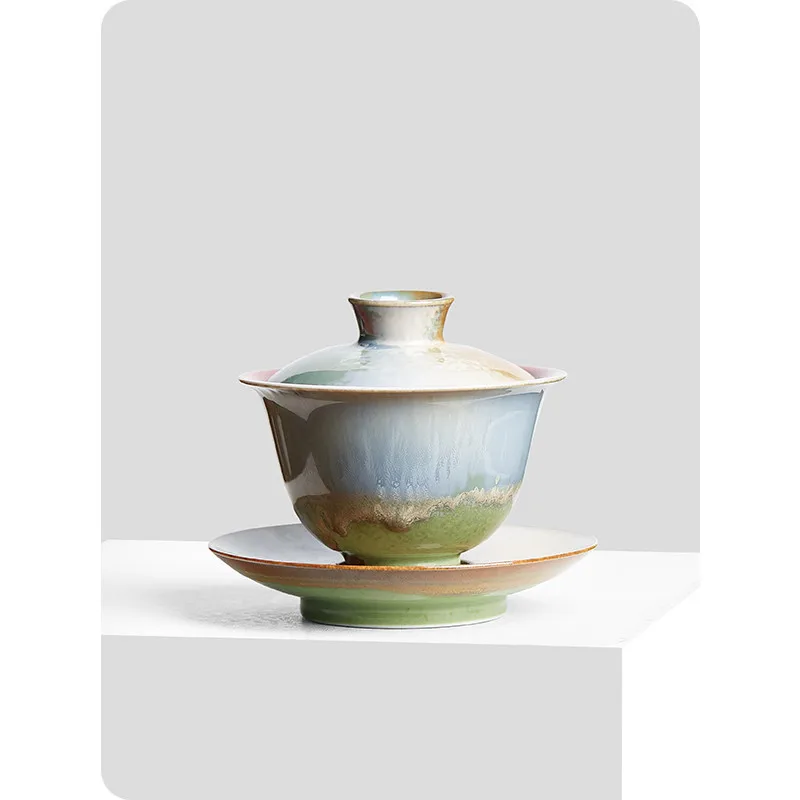 Jingdezhen High Temperature Kiln Baked Green Glaze Inner Lang Red Open Ceramic Gaiwan Close-Fitting Good Hot Hand