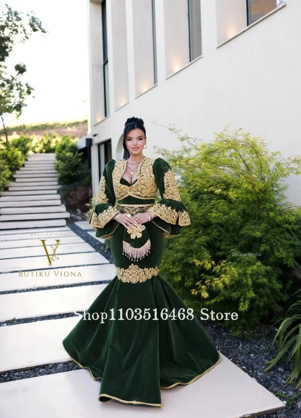 Dark Green Algerian Traditional Wedding Dress Customized Lace Mermaid Velvet Wedding Gown Formal Evening Gown Engagement Dress