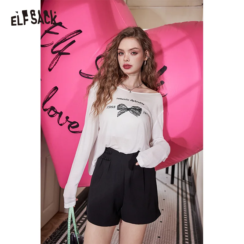 ELFSACK 2024 Summer New Imitation Tencel Cool Bow Pattern Lazy Open Back T-shirt for women