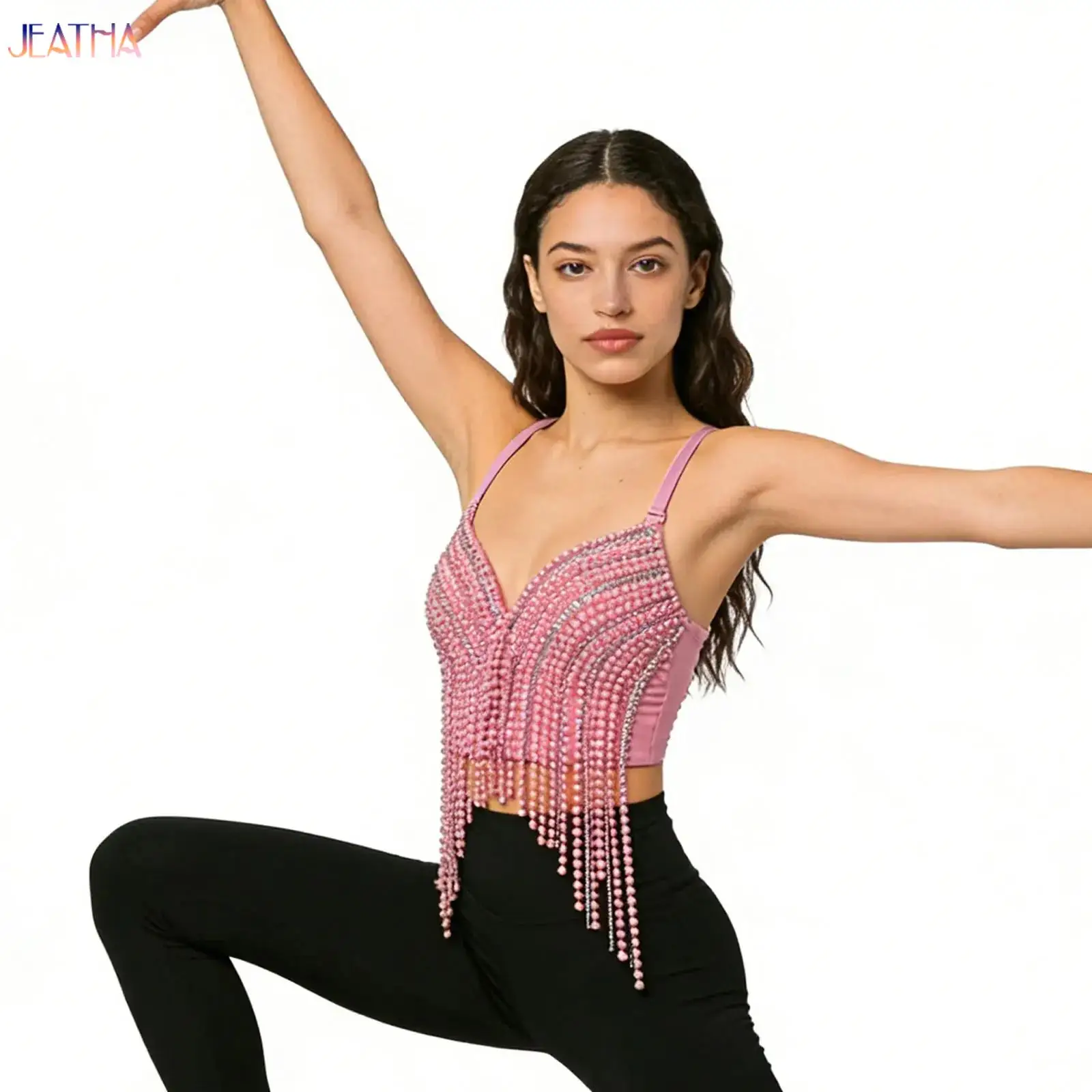 

New European And American Style Pearl Diamond Chain Tassel Halter Top Sexy Bustier Belly Latin Dance Stage Performance Costumes