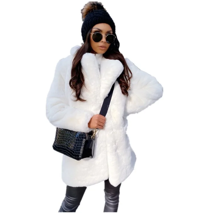 Women Solid Faux Fur Mid Length Coat Stand Collar Open Front Fluffy Warm Winter Furry Outerwear