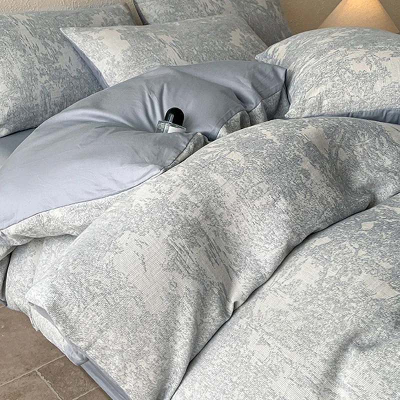 

2025 New 3-Layer Yarn Cotton Bedding Set High Quality Jacquard Solid Color Fitted Sheet Super Soft Skin Friendly Bedclothes