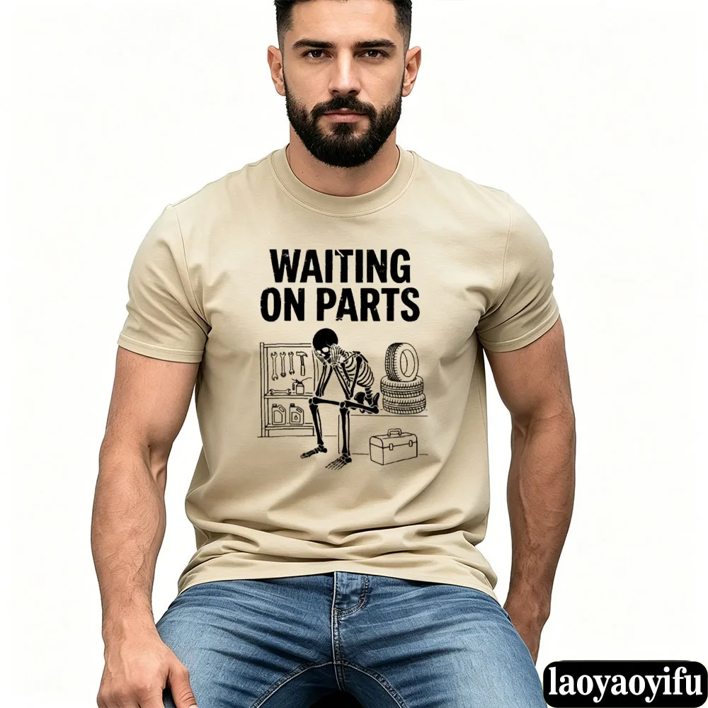 2026 Waiting on Parts Skeleton Mechanic Men Graphic T Shirt Funny Auto Repair Slogan Print Short Sleeve Skeleton Graphic Tops
