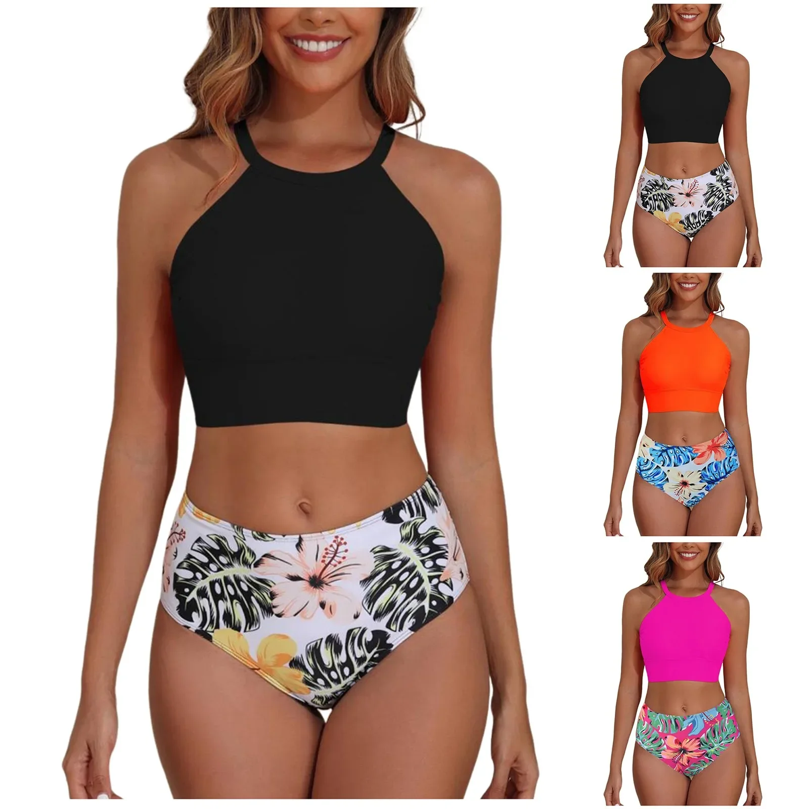 Nylonowy strój kąpielowy damski, bikini z wysokim stanem, sportowy dwuczęściowy strój kąpielowy, blok kolorów, wysokie wycięcie, trwały strój kąpielowy.