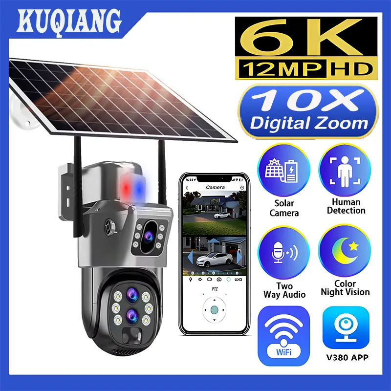 

6K 10X Zoom WiFi Solar Camera Three Lens PTZ Outdoor Surveillance CCTV Built-in Battery IP Camera PIR Ai Tracking Security Cam