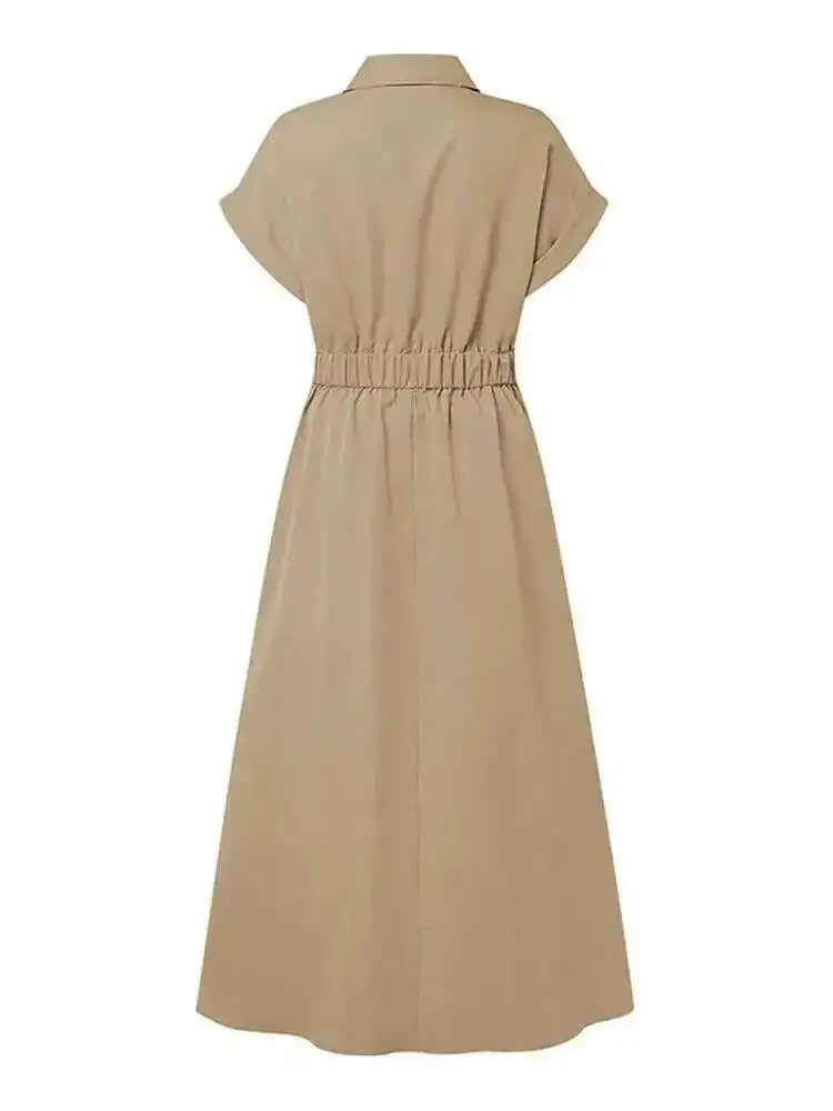 Frauen Mode Sommer Hemd Kleid 2025, Elegante Hohe Taille Kurzarm Midi Kleider Solide Kragen Roben Femme Streetwear 43O4