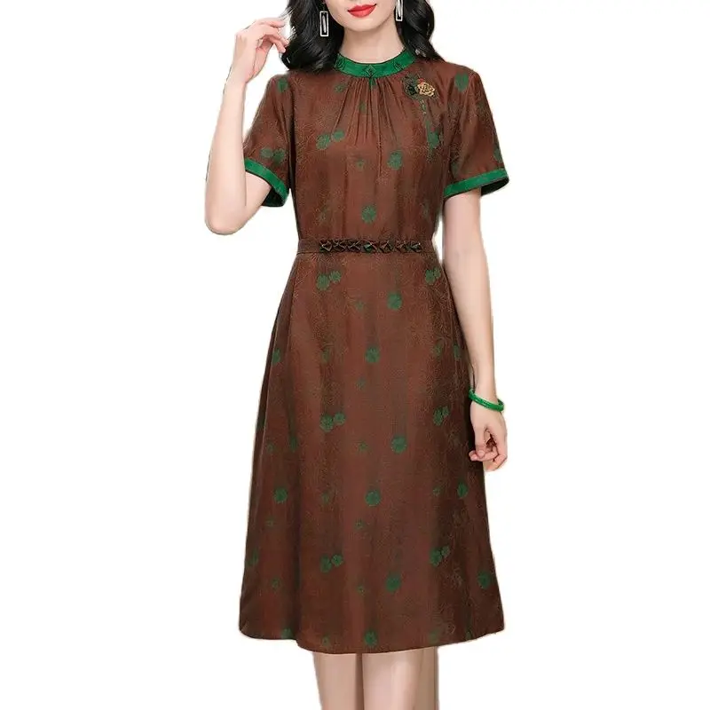 BirdTree, Watered Gazue, 100%Real Silk Elegant Dresses, Women Stand Collar Short Sleeve, OL Retro Dress, Spring Summer D44012QM