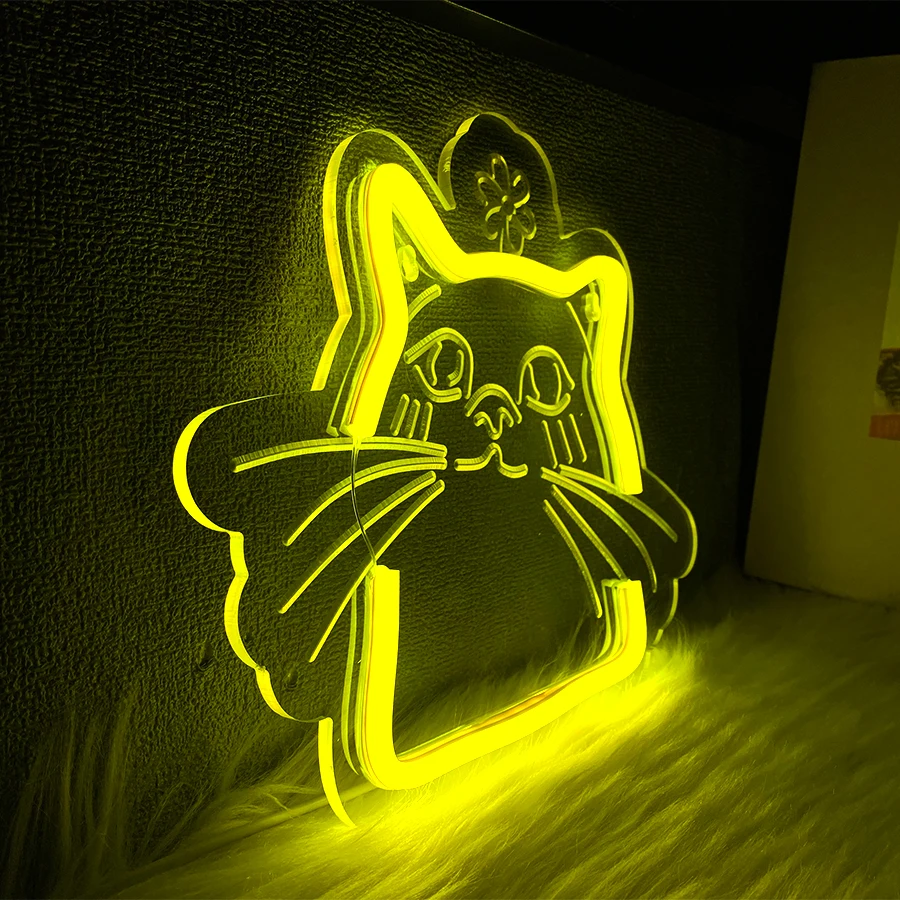 لافتة نيون LED على شكل قطة صفراء، أيقونة حيوانات منحوتة ثلاثية الأبعاد، تستخدم لغرفة النوم، ومتجر الحيوانات الأليفة، والبار، وديكور الحفلات، وهدايا عيد الميلاد للرجال والفتيات