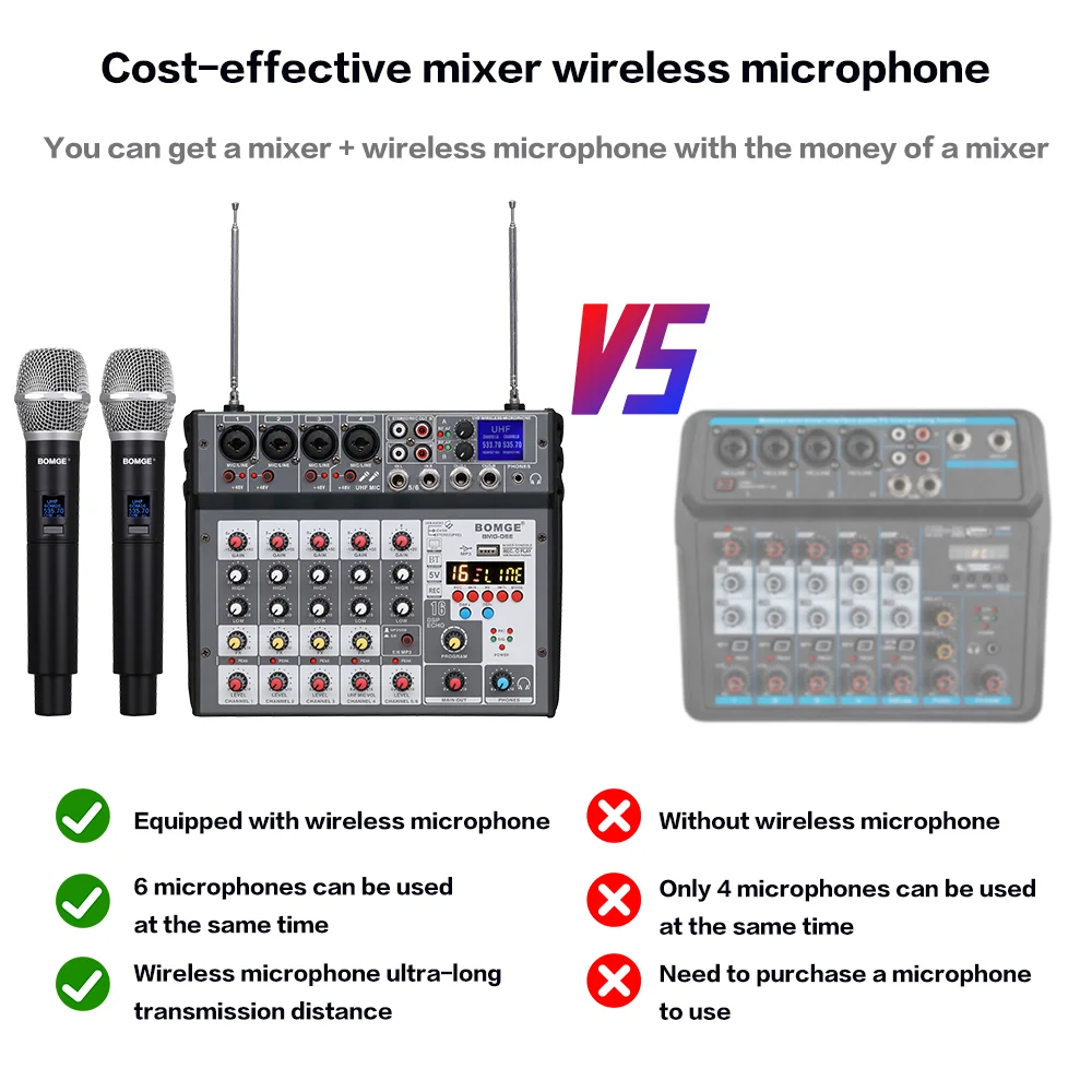 6 Channel Audio Mixer Mixing Console Built-in Microphone UHF Wireless Mics Bluetooth USB 16 DSP Effect For DJ Karaoke PC Record