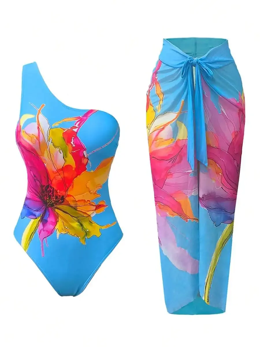 

One-Piece Swimsuit With Floral Print And Cover Up Sarong For Women Summer Beach Wear