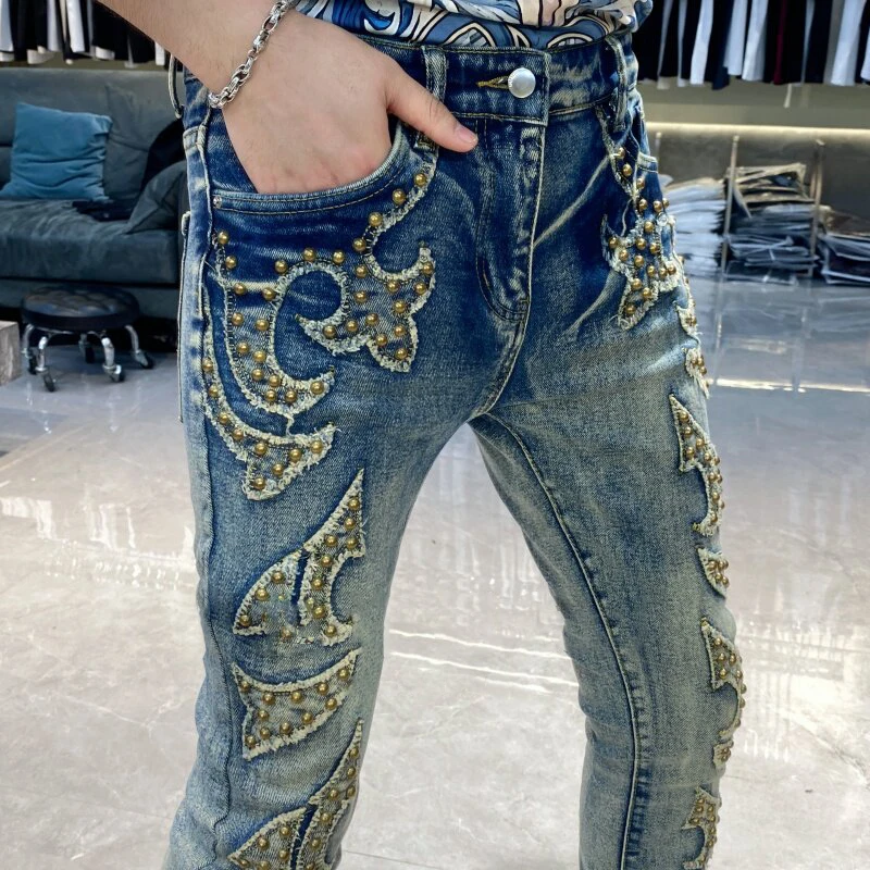 

Rivet Decoration Mens Jeans Brand 2026 Fashion Trendy Versatile Long Pants Jeans Masculina New Splicing Ripped Jeans Men's