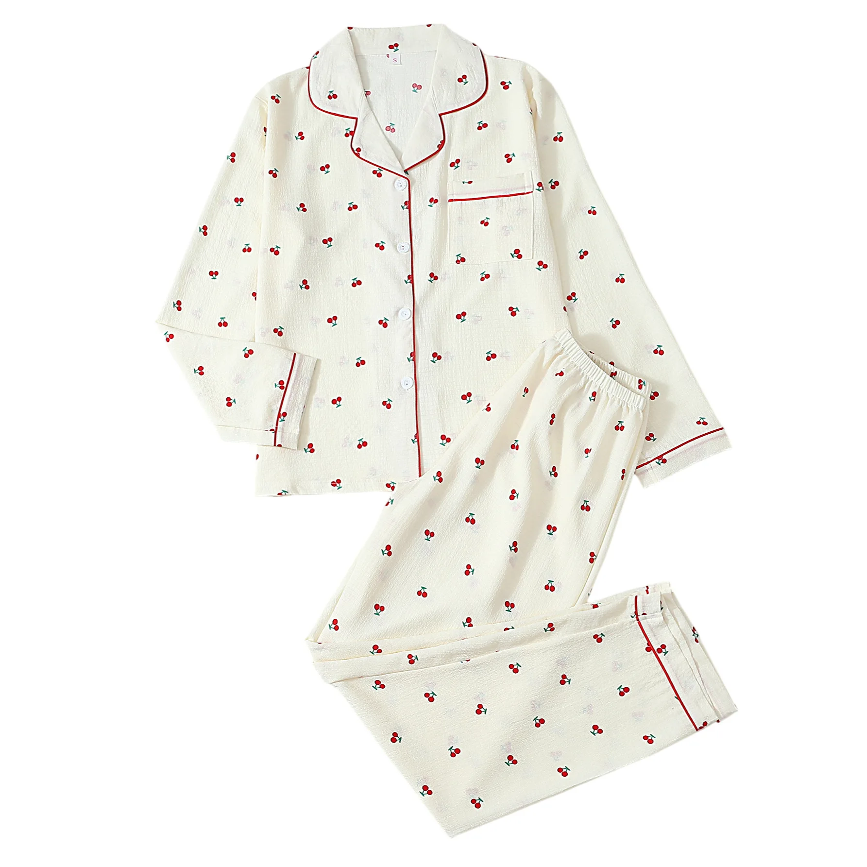 Women Print Pajama Set Bubble Crinkle Fabric Long Sleeve Button Down Top Long Pants Spring Autumn Home Loungewear Sleepwear
