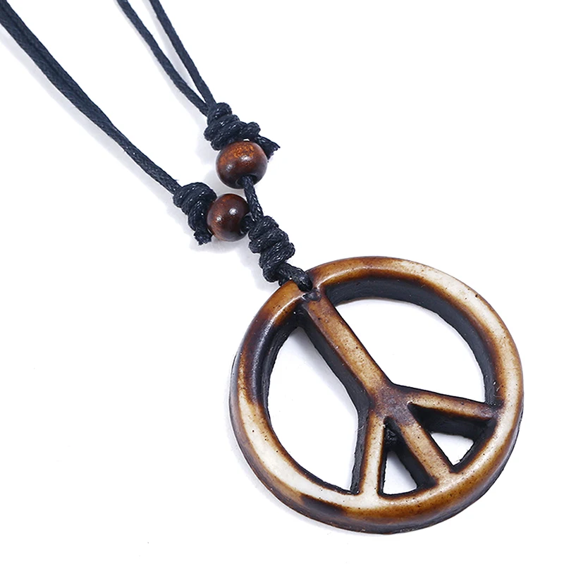 Retro Handmade Peace Symbol Pendant Necklace Long Rope Chain Ethnic Jewelry