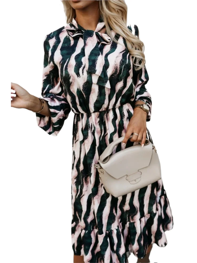 

2024 New Spring Autumn Women's Fashion Sweet Bow Waist Zebra Pattern Casual Long Sleeve Dress Women's Wear