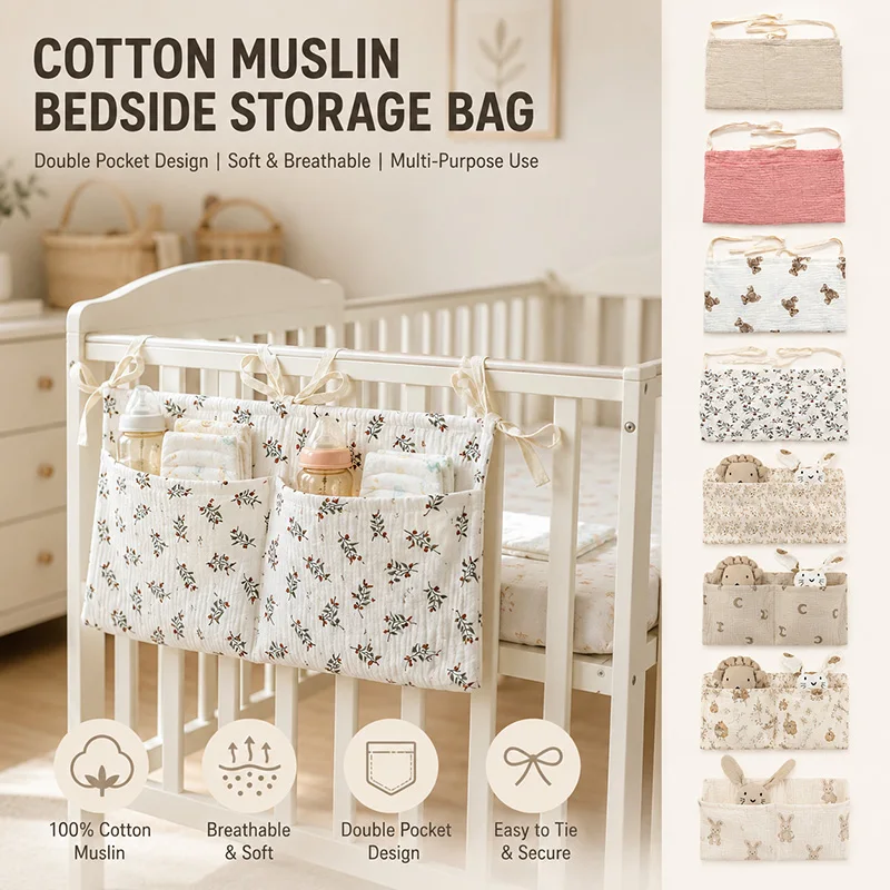 Muslin Baby Crib Organizer Cotton Bedside Storage Bag Double Pocket Stroller Hanging Bag for Diapers Bottles Nursery Essentials