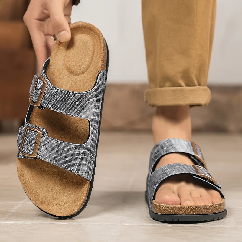 2026 Grey Faded Denim Print Cork Sandals Double Buckle Adjustable Slides Comfort Arch Support Casual Slippers for Men Women
