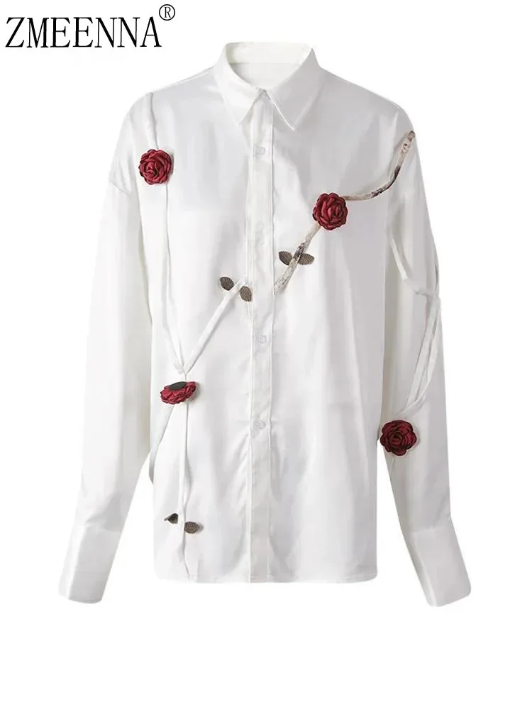 

ZMEENNA Women's White Long Sleeve Button Down Shirt With Red Rose Applique And Unique Cutout Detail Elegant Blouse ZM3270