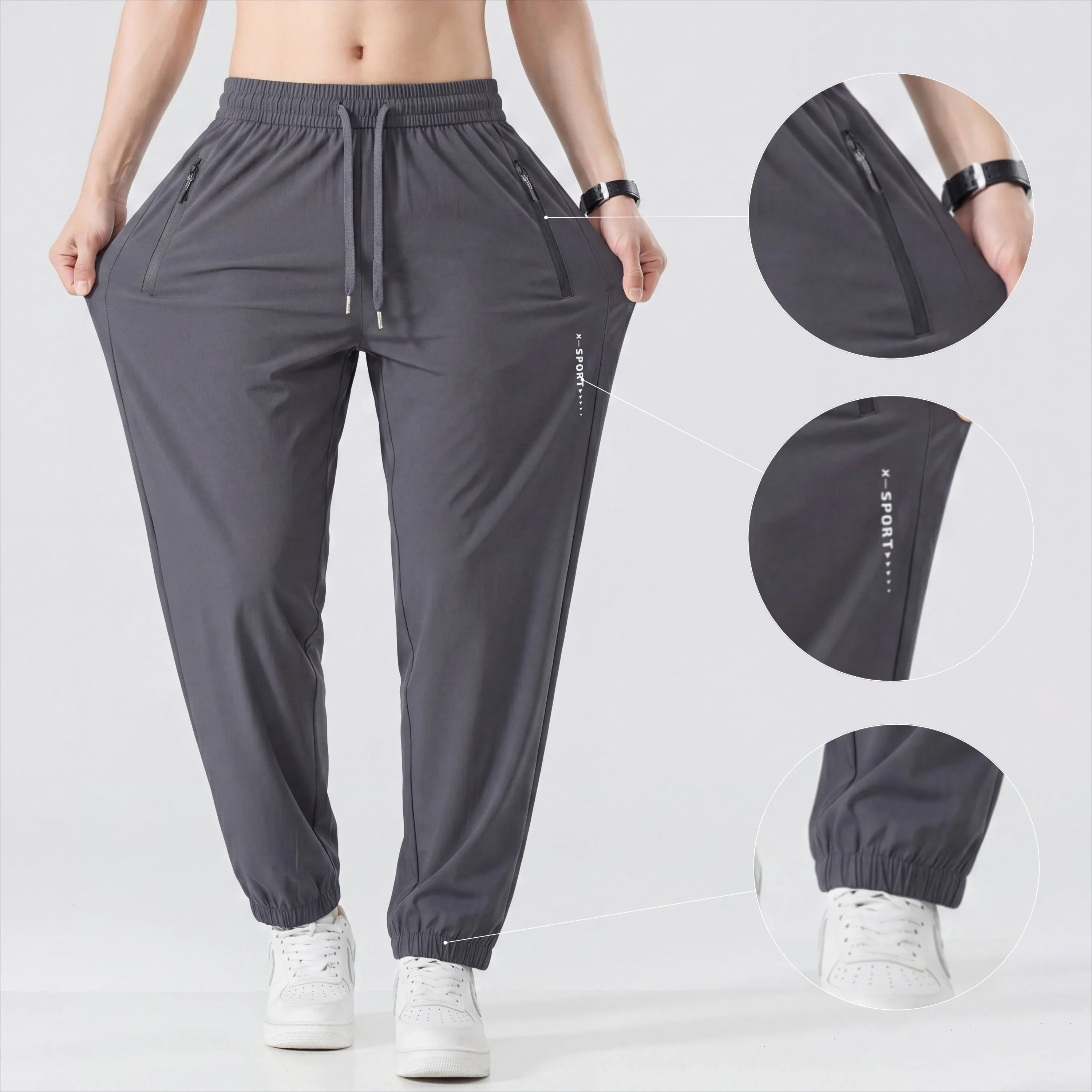 

2026 New Men's Cool Feeling Casual Pants Drawstring Ankle Tied Trousers Lightweight Summer Spring Daily Wear, Black, Dark Grey