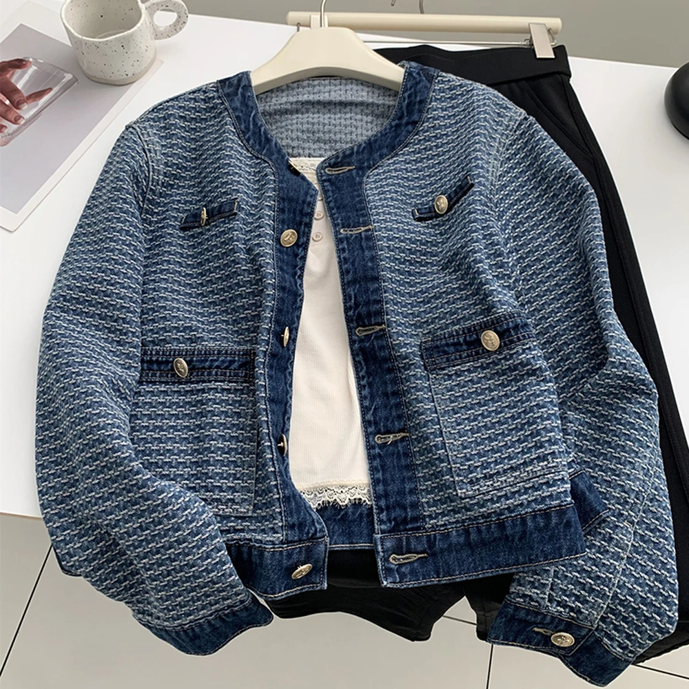 Round Neck Single Breasted Denim Jackets for Women Spring Trendy Blue White Tweed Denim Coats Button Design Casual Outerwear