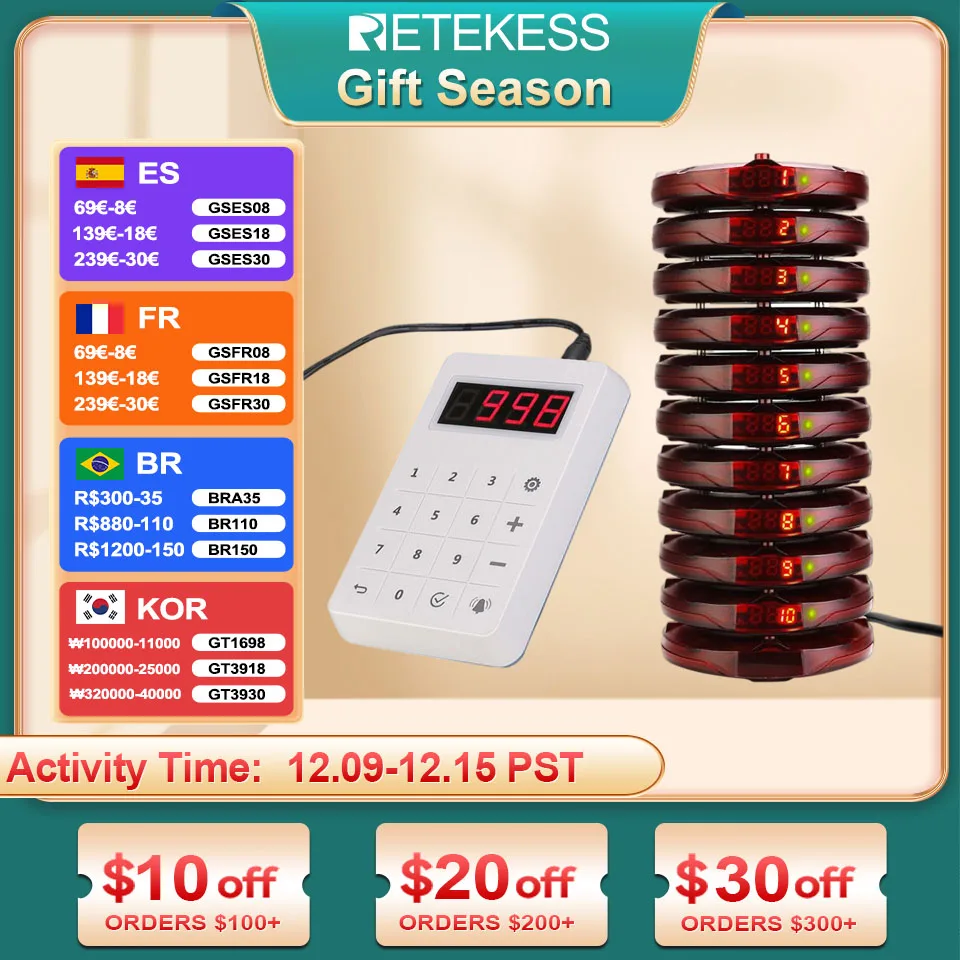 Retekess TD158 Pagers For Restaurant Vibrator Coaster Buzzers Receiver Calling System Waterproof Keyboard Food Truck Bar Cafe