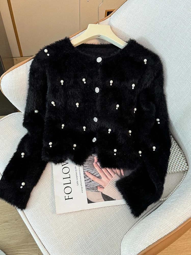 Kimotimo Solid Beading Plush Knitted Cardigan Women Korean Chic O-neck Long Sleeve Slim Cropped Sweater Autumn Gentle Lazy Tops