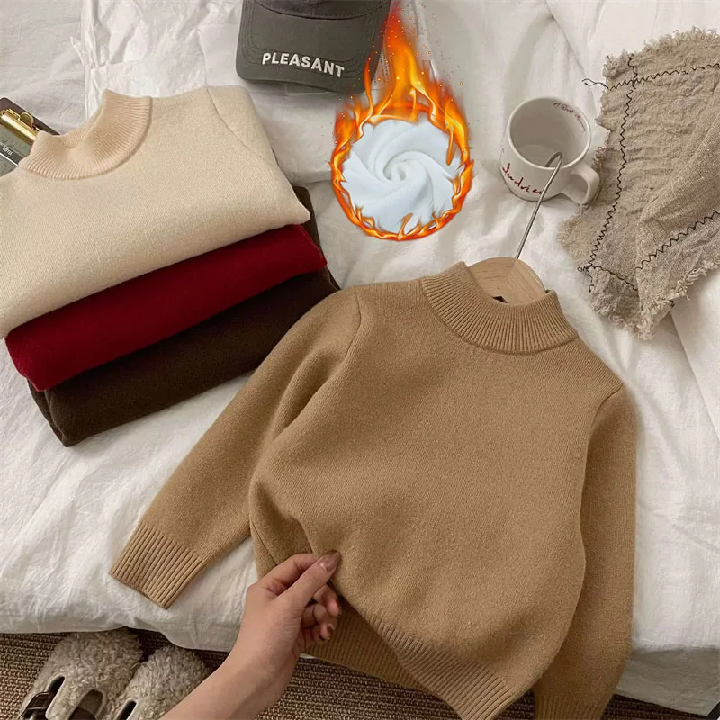 Winter Fleece Knitwear Autumn Kids Boys Girls Integrated Velvet Semi-turtleneck Sweater Baby Warm Thicken Pullovers Kids Clothes