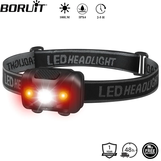 BORUiT 3W Mocna Mini Latarka Czołowa z Czerwonym Światłem LED, 4-trybowa Wodoodporna Latarka Czołowa do Kempingu i Polowania, Zasilana Baterią AAA