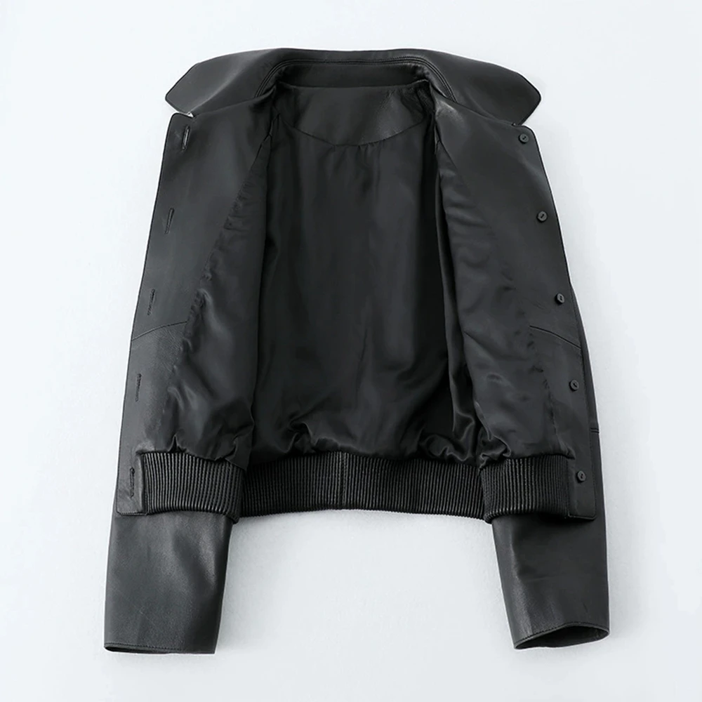 Vestes courtes classiques en cuir véritable pour femmes, manteaux décontractés à grandes poches, simple boutonnage, épaules tombantes, en peau de mouton, nouvelle collection 2025