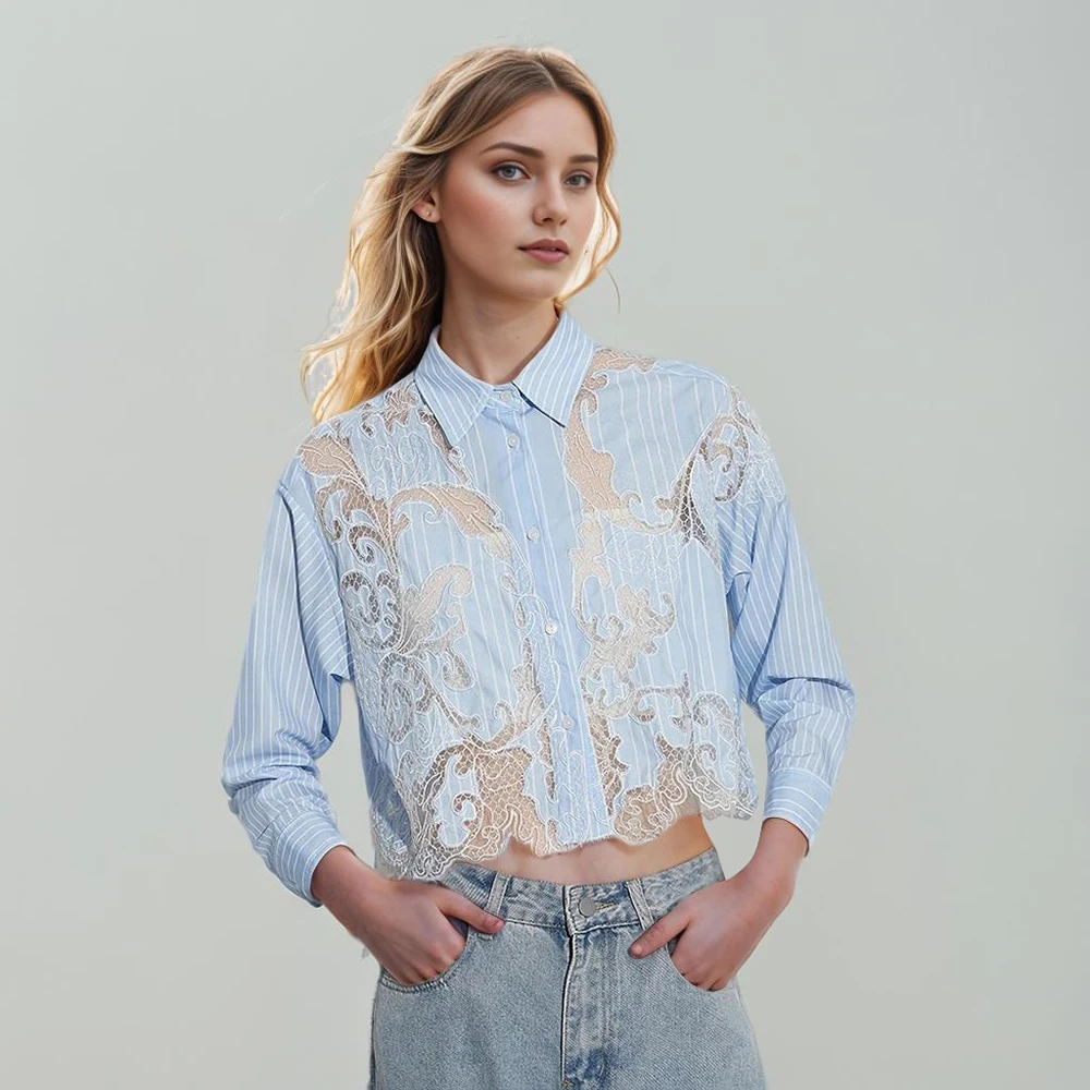 Hit Color Striped Patchwork Lace Short Blouses For Women Lapel Long Sleeve Spliced Single Breasted Temperament Shirts Female